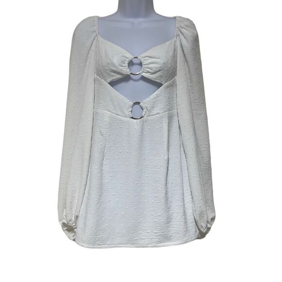 Revolve Rumer White Swiss Dot Gypsy A Line Mini Dress Cutouts Long Sleeve NWT - Picture 1 of 12